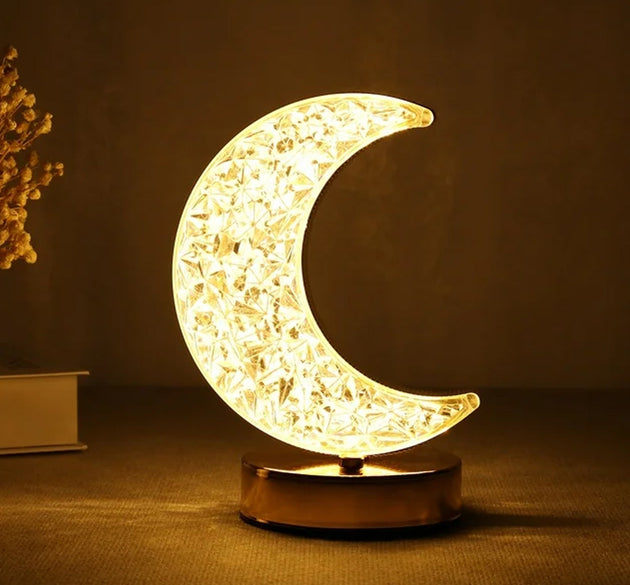 Crystal Table Lamp | Moon Shape Touch Control Lamp with 3 Color | Metal Bedside Lamp for Kids Bedroom Romantic Desktop Nightstand | Stepless Dimming USB Charging Touch Night Light