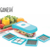 Blue plastic vegetable dicer by Ganesh, 7-in-1, shown from multiple angles.