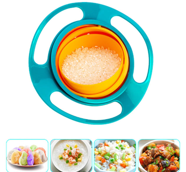 Rotating baby bowl for easy serving of food to toddlers, reducing spills.