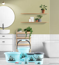 Plastic bathroom accessories set including bucket, dustbin, mug, stool, soap case, and tub, various angles.