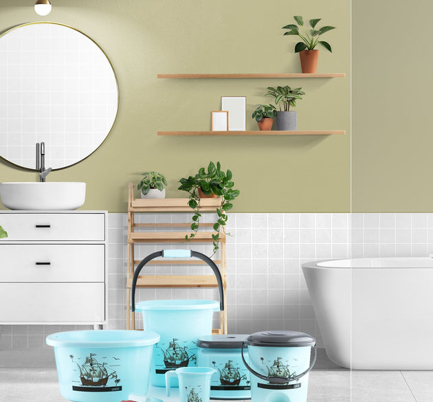 Plastic bathroom accessories set including bucket, dustbin, mug, stool, soap case, and tub, various angles.