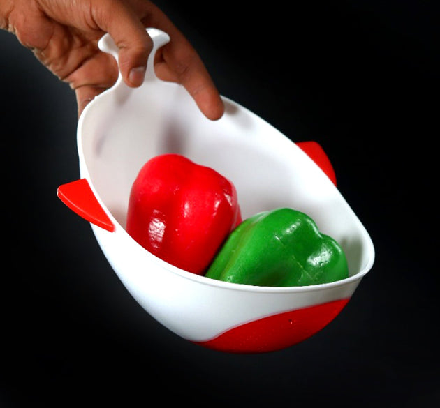 Plastic bowl with strainer for washing rice, pulses, and vegetables