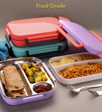 steel lunch box with compartments and handle.