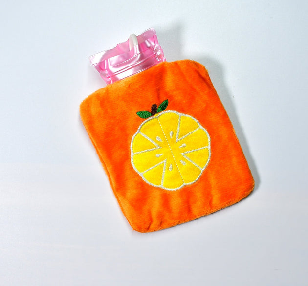 Orange hot water bag with cover for pain relief and warmth