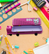 Metal bus pencil box, two layers, sharpener included.