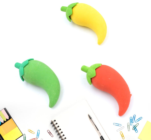 3D Fancy & Stylish Colorful Chili Shape Erasers, Mini Eraser Creative Cute Novelty Eraser for Children Eraser Set for Return Gift, Birthday Party, School Prize, (3 pc Set)