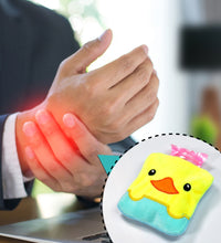 Mini hot water bag with yellow duck cover for soothing neck pain.