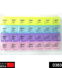 Compact pill storage container with labeled sections for daily medication.