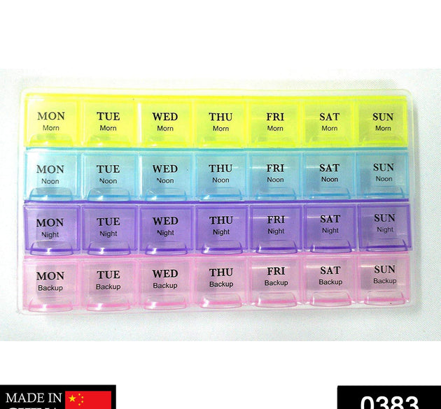 4-row weekly pill case organizer with 28 compartments for daily medicine storage.