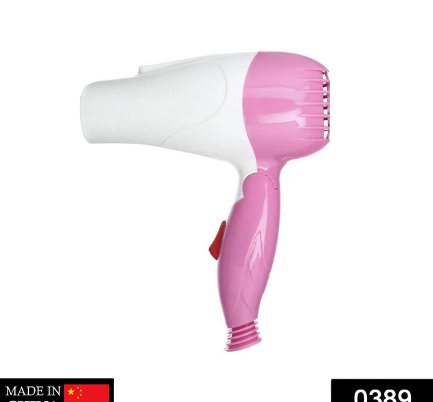 Folding hair dryer with 2-speed settings.