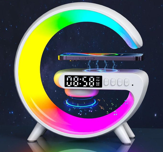 Smart Alarm Clock with G-Shape RGB Light Bluetooth Speaker, Wireless Charging