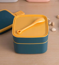 Blue double-layer lunch box with handle and spoon