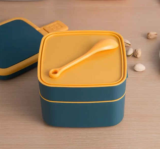 Blue double-layer lunch box with handle and spoon