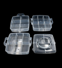 Clear 18-grid organizer with adjustable dividers for organizing small items like jewelry.