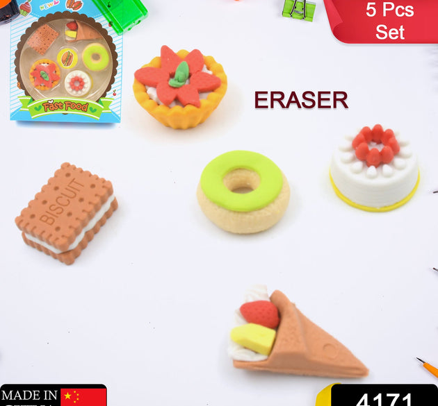 3D Fast Food Fancy & Stylish Colorful Erasers, Mini Eraser Creative Cute Novelty Eraser for Children Different Designs Eraser Set for Return Gift, Birthday Party, School Prize, Fast Food Set Eraser ( 5 pc Set )