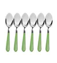 Stainless steel spoons set for dining with ergonomic grip handles.