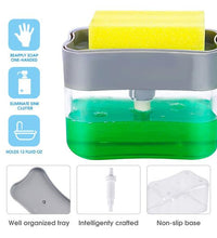 Soap dispenser with sponge holder in various angles.