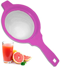 Plastic strainer for juice, designed to handle various liquids.