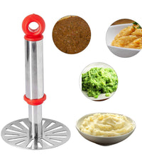 Ganesh potato/pav bhaji masher with plastic handle, silver and plastic, oval shape.