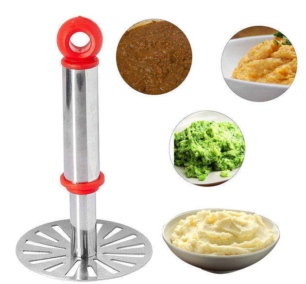 Ganesh potato/pav bhaji masher with plastic handle, silver and plastic, oval shape.