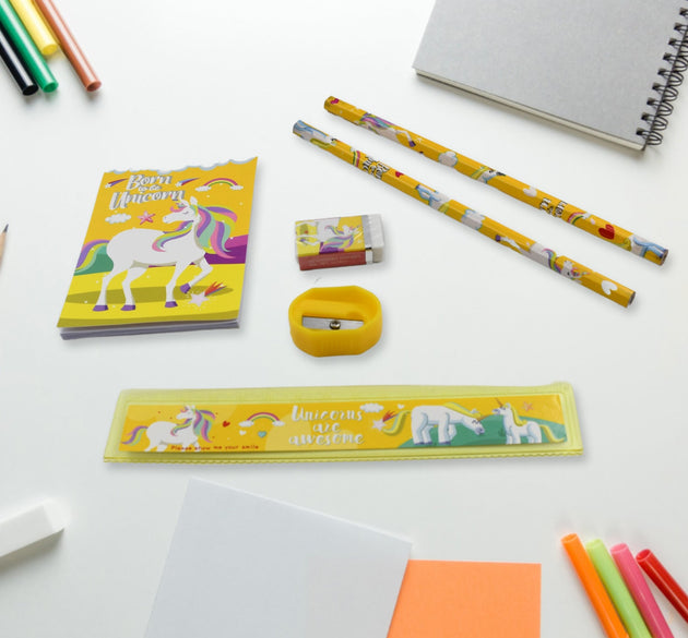 6-piece stationary set with ruler, pencils, and sharpener