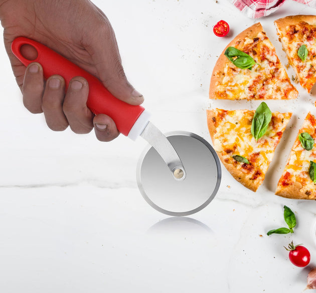 Ganesh pizza cutter wheel, stainless steel, close-up view.