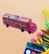 Double decker bus-shaped pencil case with sharpener.