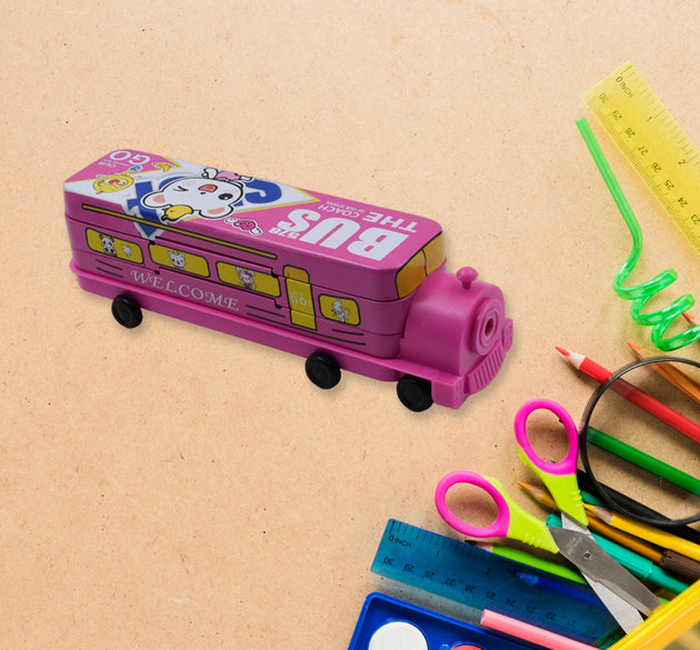 Double decker bus-shaped pencil case with sharpener.