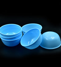 Set of 6 plastic bowls, microwave safe, durable.