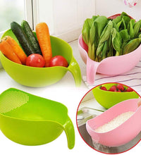 Plastic rice bowl and food strainer set, with handle, set of 3