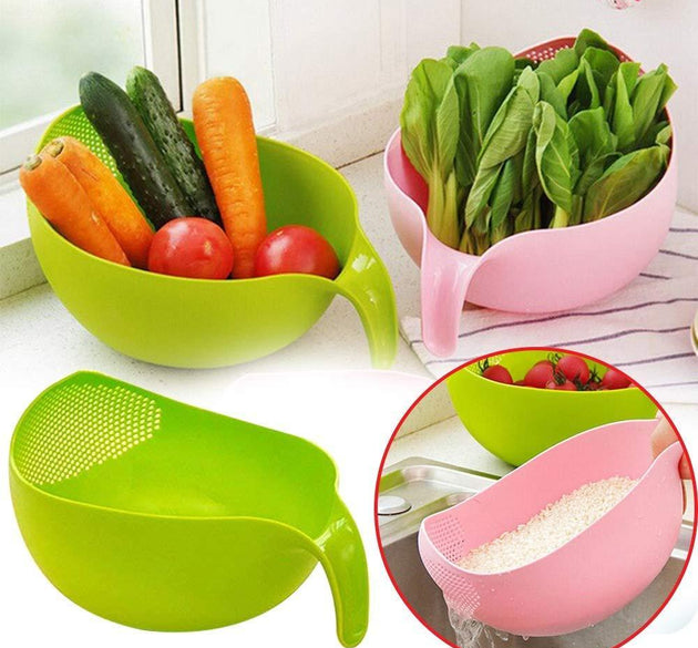 Plastic rice bowl and food strainer set, with handle, set of 3