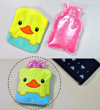 Pain relief hot water bag with yellow duck cover, ideal for kids.