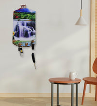 Wooden wall decor with scenic vertical design and hanging hooks.