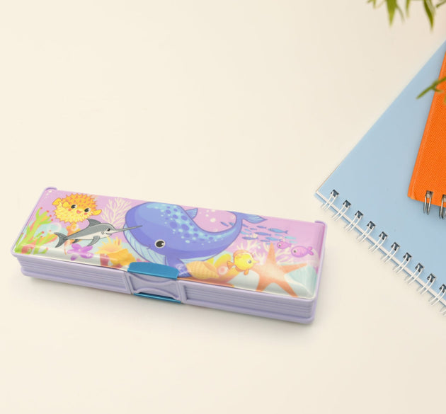 Cartoon-printed plastic pencil case with double compartments