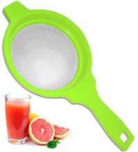 Multicolored juice strainer, filters out pulp for smooth beverages.