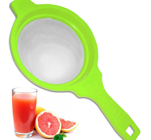 Multicolored juice strainer, filters out pulp for smooth beverages.