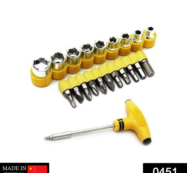 24 pcs T-shape screwdriver set with ratchet and sockets.