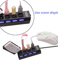 4-port USB hub with individual switches and LED indicators