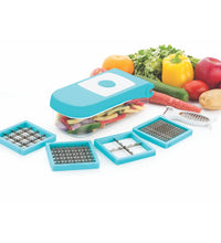 Ganesh 7-in-1 plastic vegetable dicer in blue, shown from different angles.