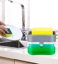 Soap dispenser with durable design and sponge holder.