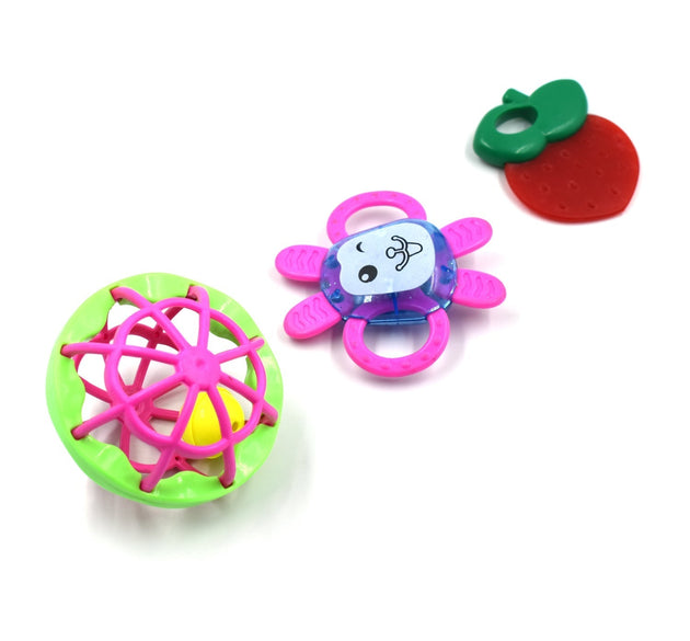 Set of three colorful baby rattles designed for sensory play and development.