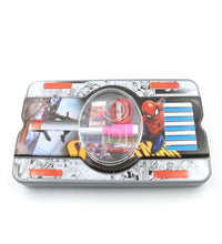 Metal pencil case with fun cartoon print, including sharpener, eraser, and marker