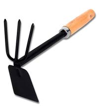 Close-up of double hoe gardening tool with a wooden handle.