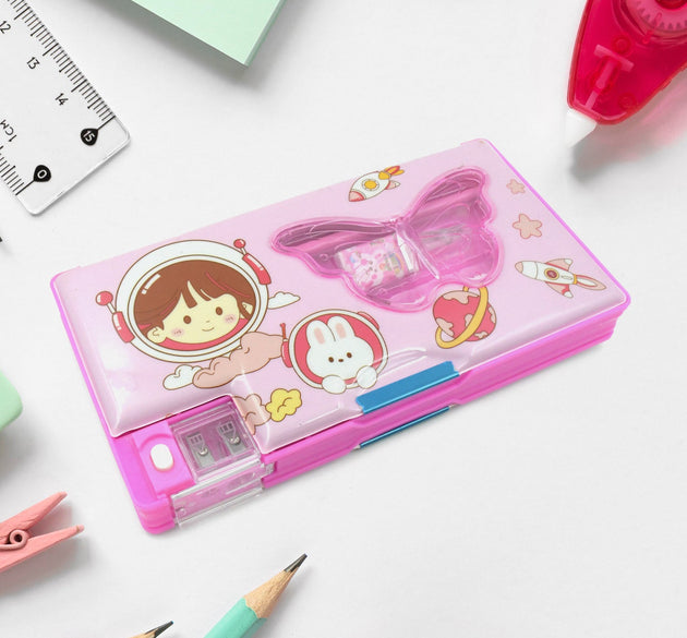 Printed pencil case with multiple compartments for kids