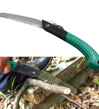 Folding saw for tree trimming and wood cutting, compact and versatile for outdoor use.