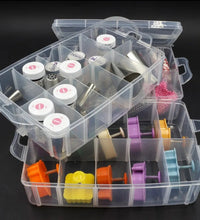 Plastic organizer box with 18 compartments for jewelry or fishing hooks.