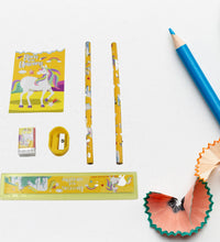 School stationary set with pencils, ruler, and sharpener