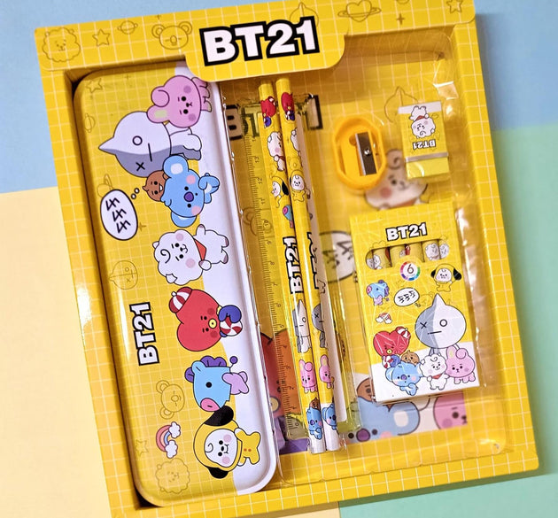 12-piece stationery set for kids with metal pencil box, sharpener, pencils