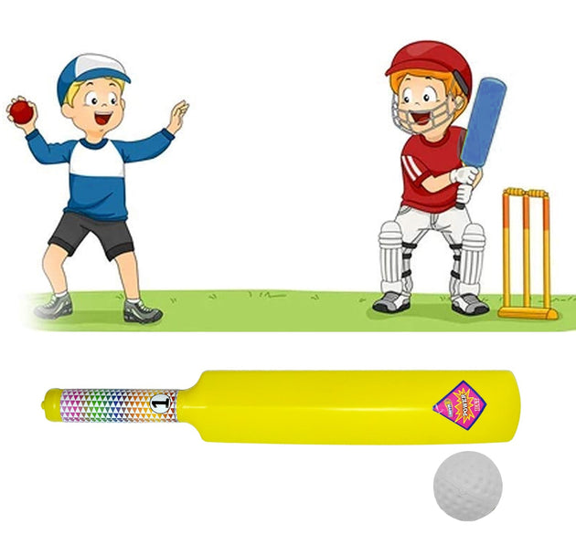 Plastic cricket bat and ball set for kids, showing vibrant colors