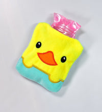 Small hot water bag with yellow duck design for pain relief.